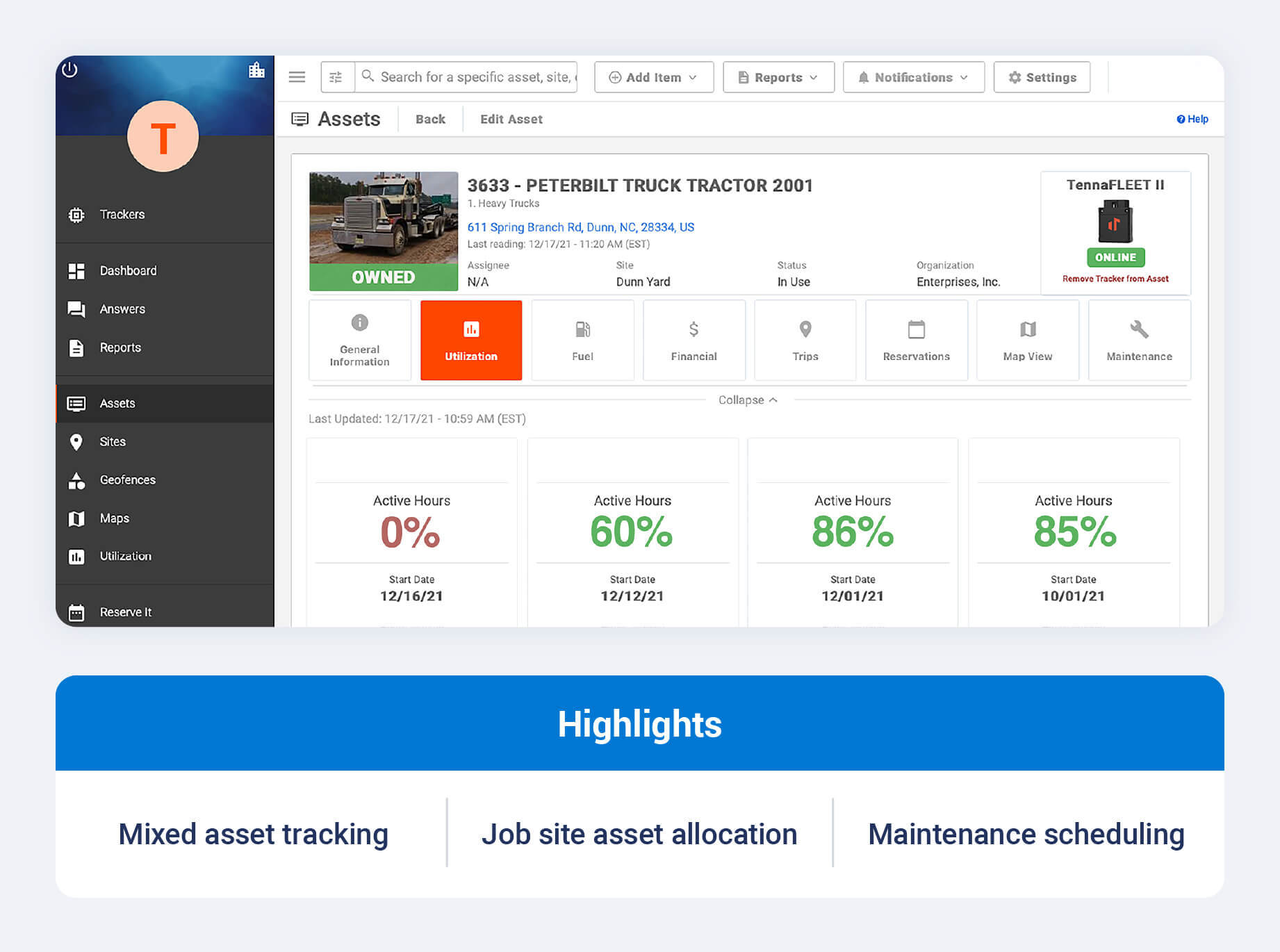 Tenna construction asset tracking platform highlighting mixed asset tracking, job site asset allocation and maintenance scheduling.